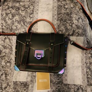 Michael Kors Black Leather Satchel with Iridescent Trim